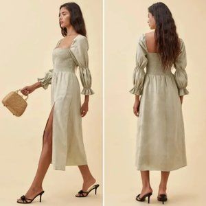 Reformation Hyland Linen Long Sleeve Midi Dress in Dried Herbs Sage Green